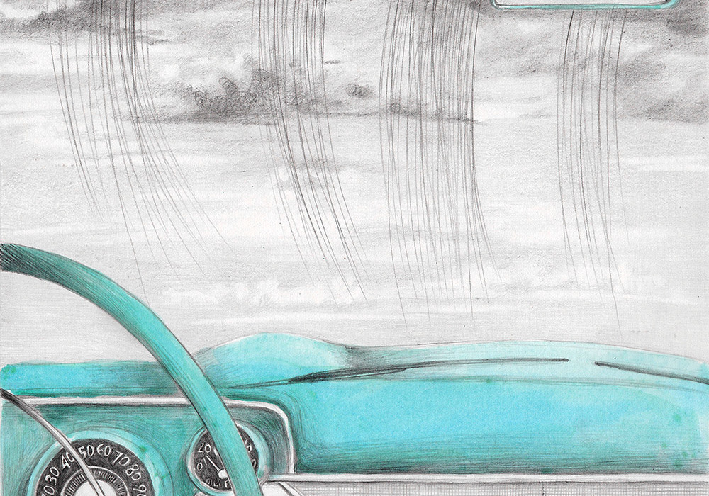 Illustration of a car dashboard and a rainy sky, from a book project about a girl, Amelia, clouds, wanderlust and flight.