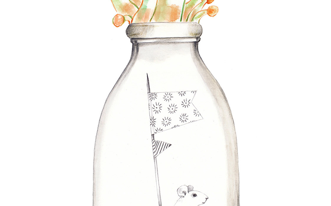 Mushrooms on the cap of a bottle of milk. Inside there is a little world: a mouse that sails in his nutshell. The bottle is part of a collection assembled by a child.