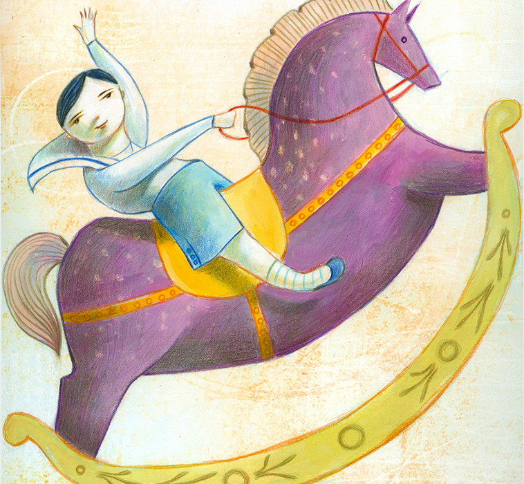 Illustration of a little boy riding a giant purple rocking horse