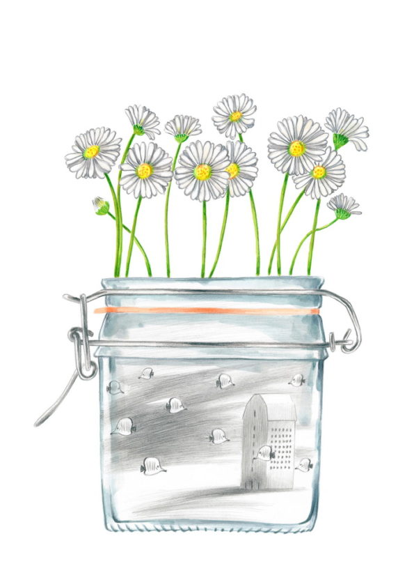 Daisies on a jar that is filled with a surreal and dream-like scene, with flying fish and a house. The jar is part of a collection of bottles of a child. Illustration for a book entitled 'Un piccolo mondo' - "A Litle World"